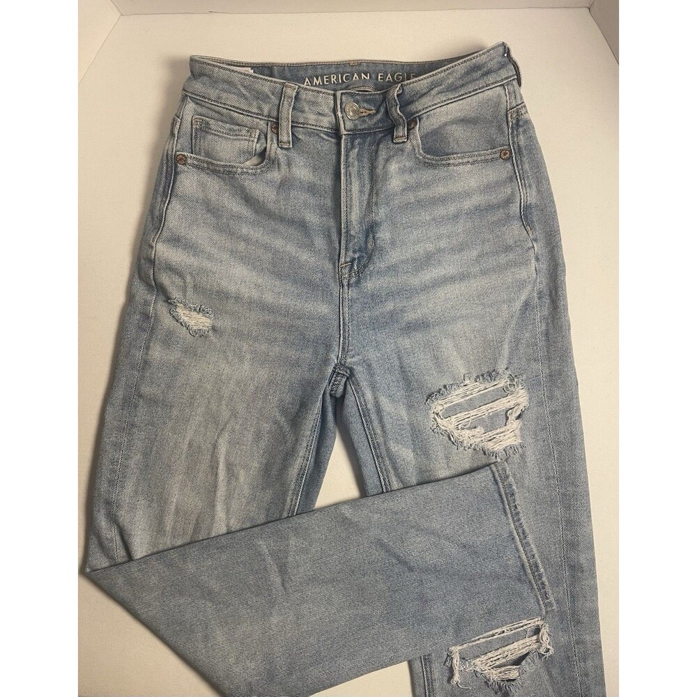 American Eagle Jeans Women Size 0 Distressed High Rise Straight Leg Light Blue